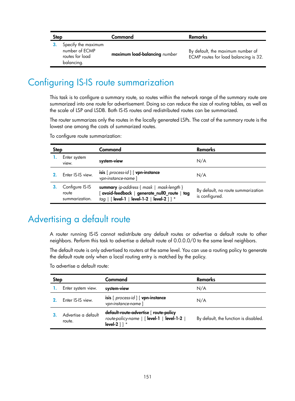 Configuring is-is route summarization, Advertising a default route | H3C Technologies H3C S12500 Series Switches User Manual | Page 167 / 443