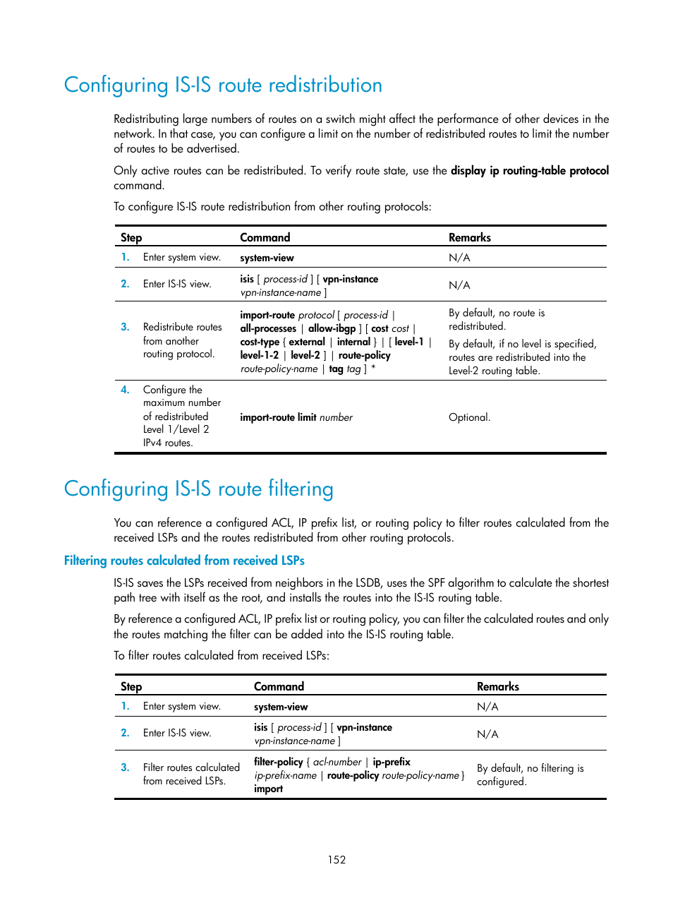 Configuring is-is route redistribution, Configuring is-is route filtering, Filtering routes calculated from received lsps | H3C Technologies H3C S12500 Series Switches User Manual | Page 168 / 443