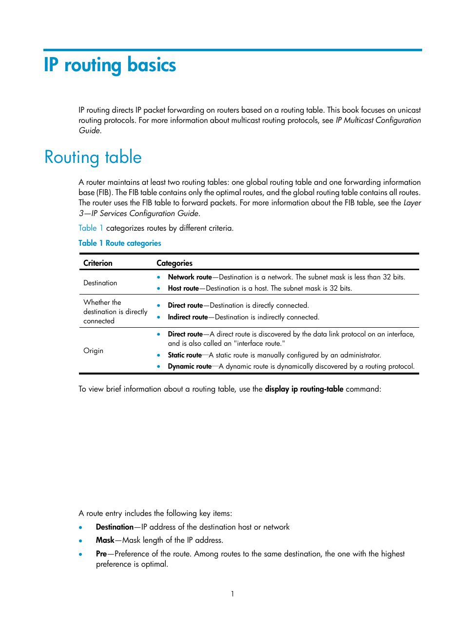 Ip routing basics, Routing table | H3C Technologies H3C S12500 Series Switches User Manual | Page 17 / 443