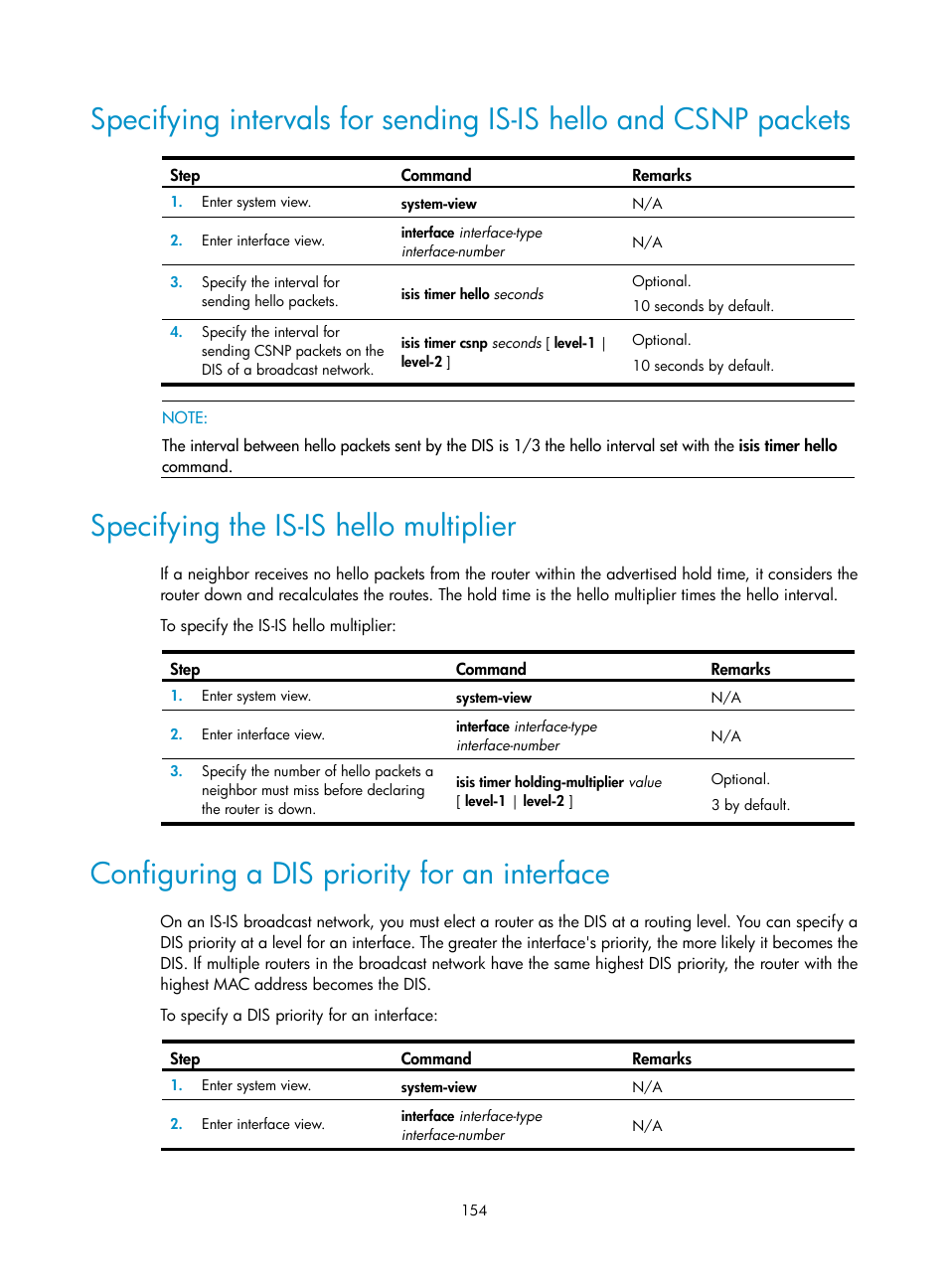 Specifying the is-is hello multiplier, Configuring a dis priority for an interface | H3C Technologies H3C S12500 Series Switches User Manual | Page 170 / 443