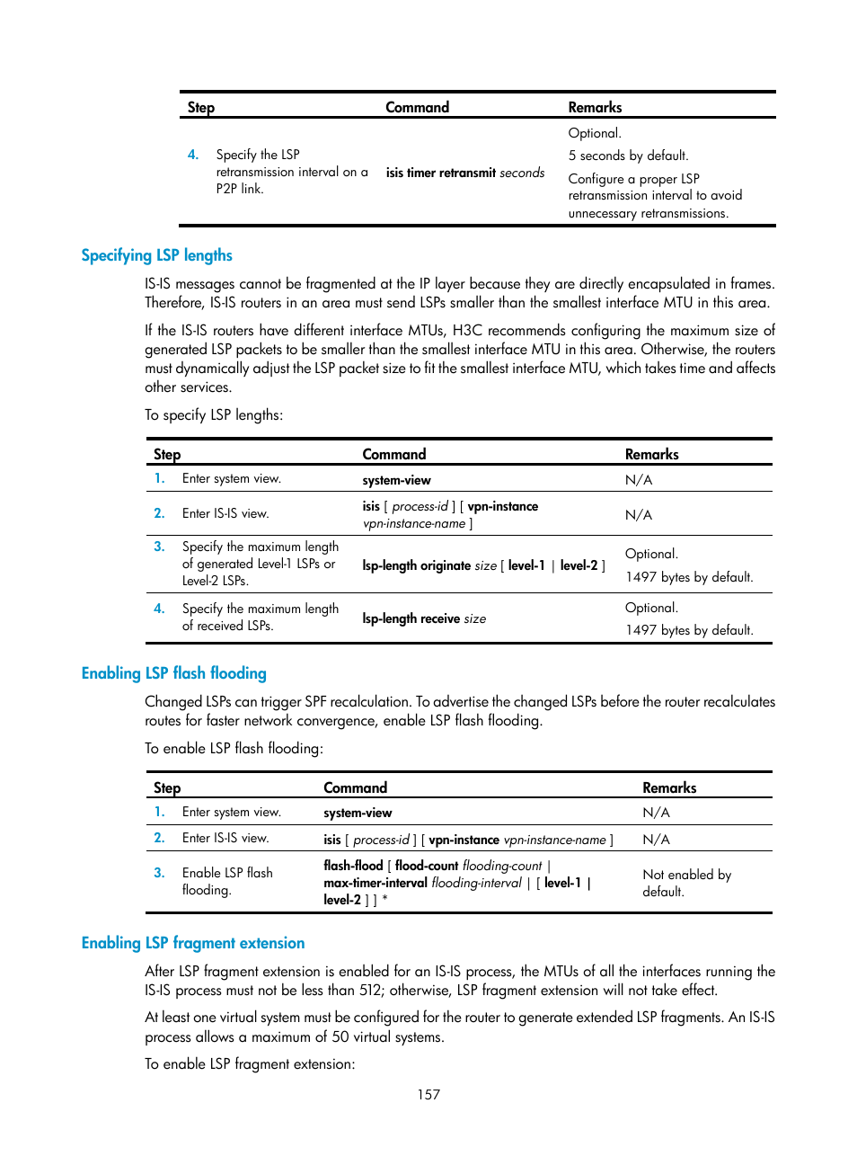 Specifying lsp lengths, Enabling lsp flash flooding, Enabling lsp fragment extension | H3C Technologies H3C S12500 Series Switches User Manual | Page 173 / 443