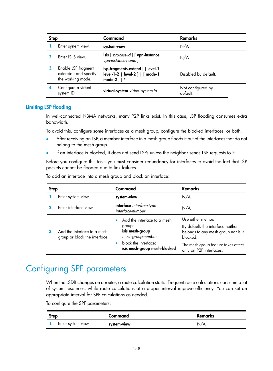 Limiting lsp flooding, Configuring spf parameters | H3C Technologies H3C S12500 Series Switches User Manual | Page 174 / 443
