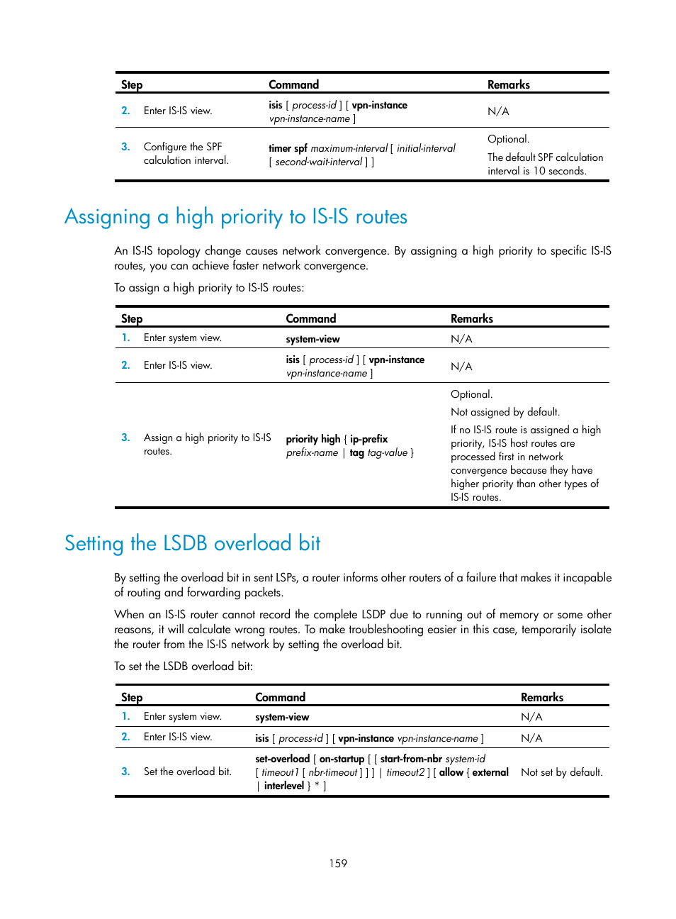 Assigning a high priority to is-is routes, Setting the lsdb overload bit | H3C Technologies H3C S12500 Series Switches User Manual | Page 175 / 443