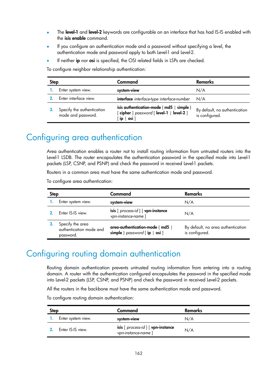 Configuring area authentication, Configuring routing domain authentication | H3C Technologies H3C S12500 Series Switches User Manual | Page 178 / 443