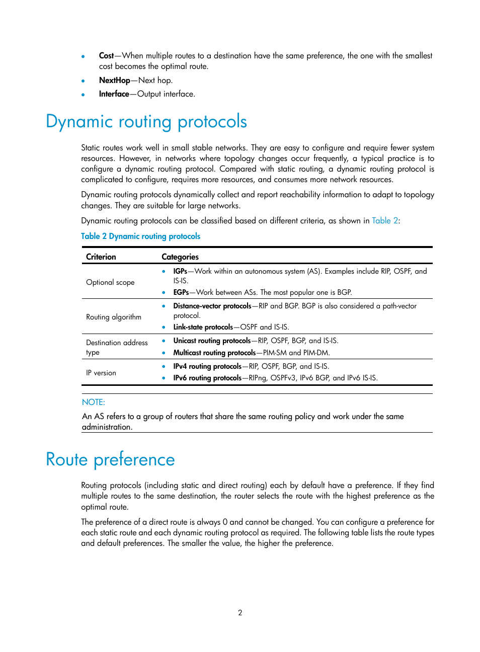 Dynamic routing protocols, Route preference | H3C Technologies H3C S12500 Series Switches User Manual | Page 18 / 443