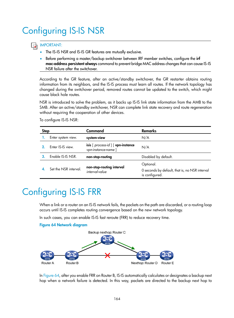 Configuring is-is nsr, Configuring is-is frr | H3C Technologies H3C S12500 Series Switches User Manual | Page 180 / 443