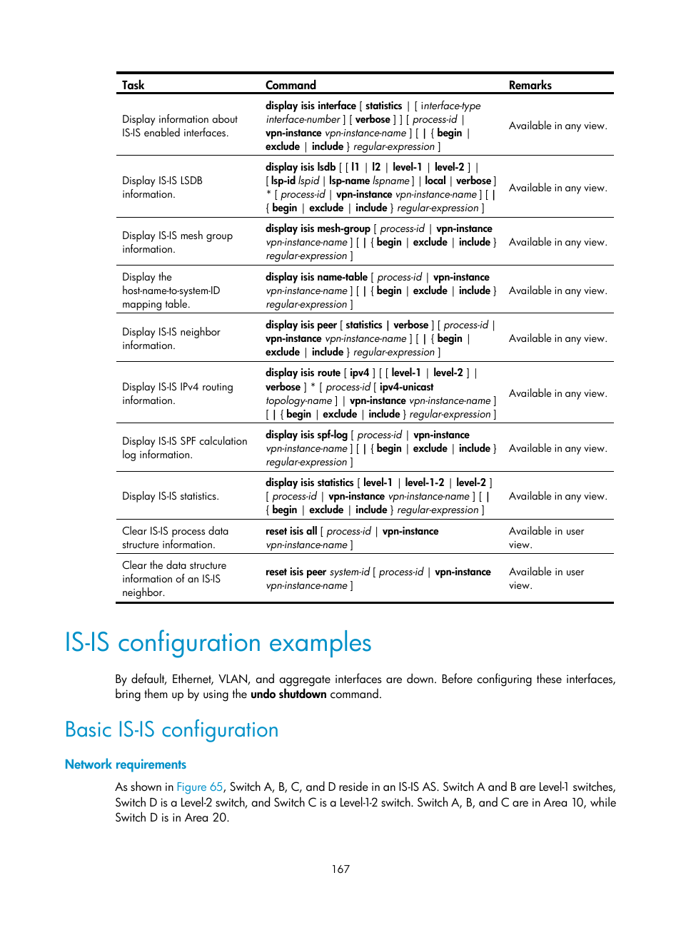 Is-is configuration examples, Basic is-is configuration, Network requirements | H3C Technologies H3C S12500 Series Switches User Manual | Page 183 / 443