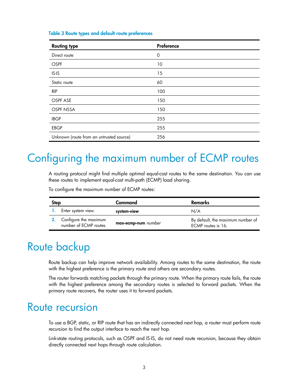 Configuring the maximum number of ecmp routes, Route backup, Route recursion | H3C Technologies H3C S12500 Series Switches User Manual | Page 19 / 443