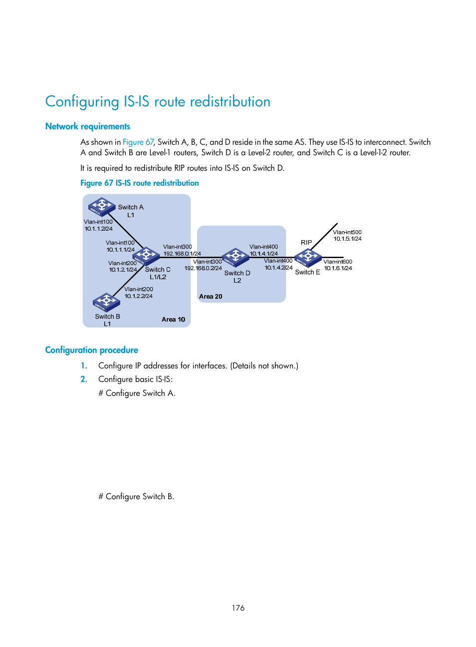 Configuring is-is route redistribution, Network requirements, Configuration procedure | H3C Technologies H3C S12500 Series Switches User Manual | Page 192 / 443