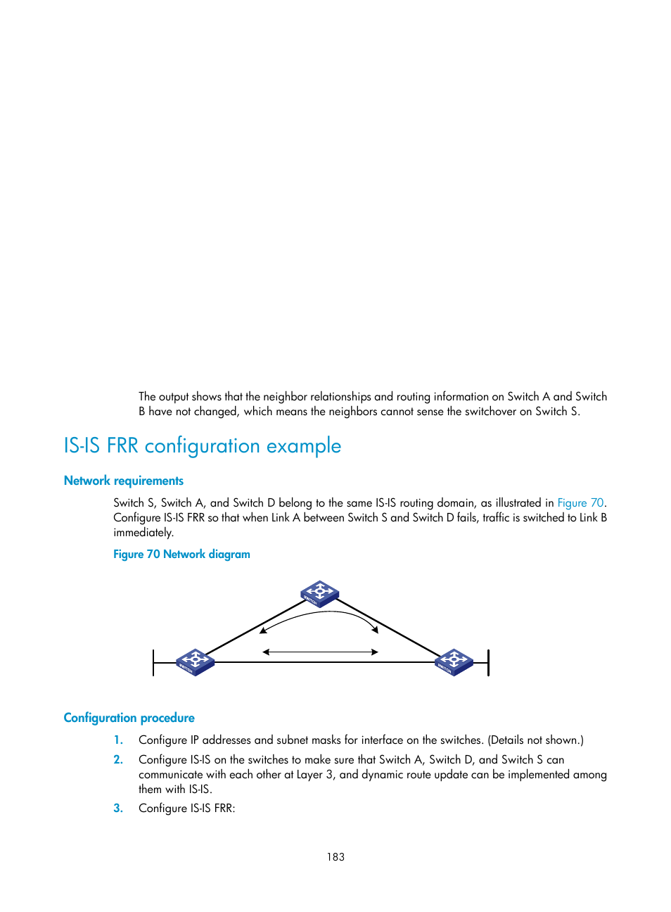 Is-is frr configuration example, Network requirements, Configuration procedure | H3C Technologies H3C S12500 Series Switches User Manual | Page 199 / 443