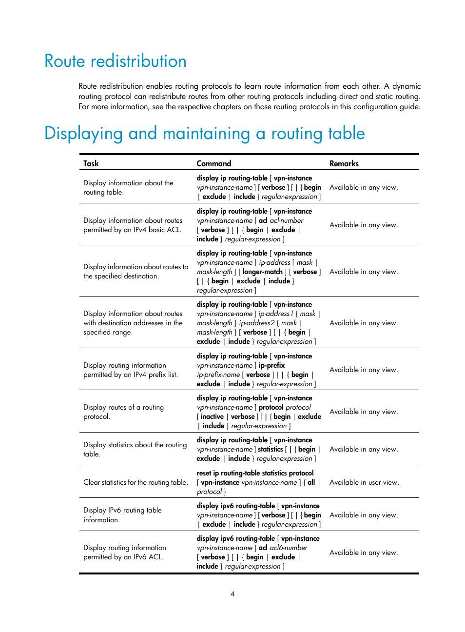 Route redistribution, Displaying and maintaining a routing table | H3C Technologies H3C S12500 Series Switches User Manual | Page 20 / 443