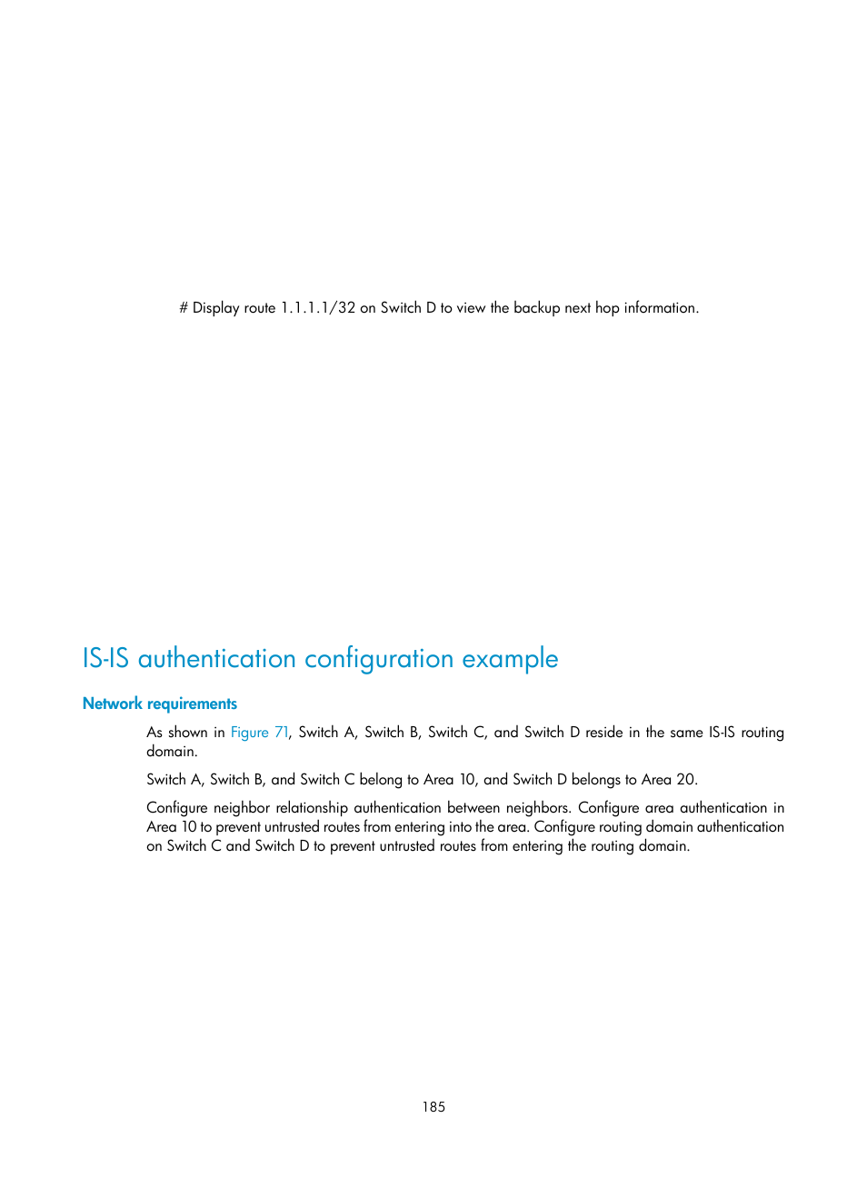 Is-is authentication configuration example, Network requirements | H3C Technologies H3C S12500 Series Switches User Manual | Page 201 / 443