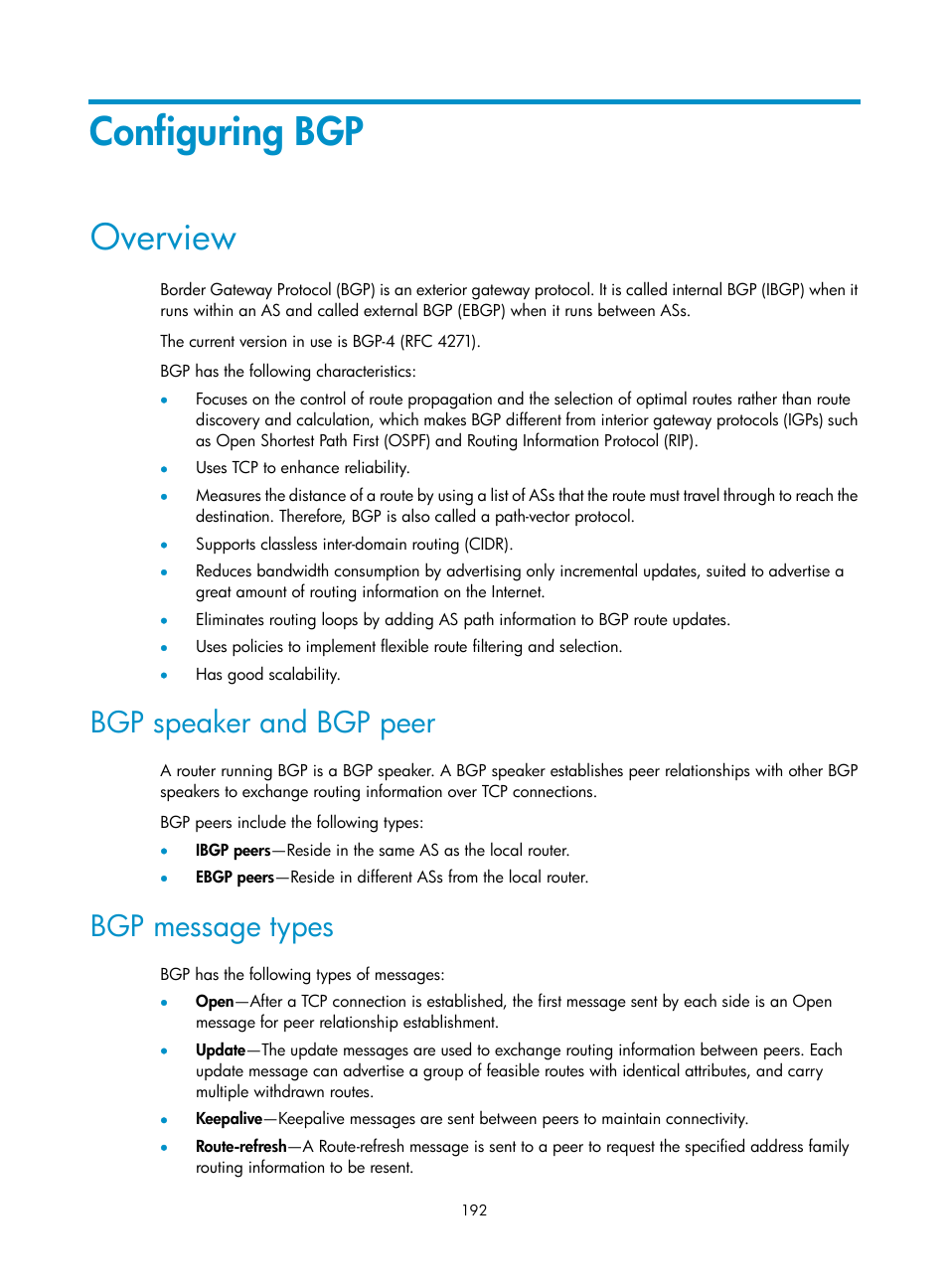 Configuring bgp, Overview, Bgp speaker and bgp peer | Bgp message types | H3C Technologies H3C S12500 Series Switches User Manual | Page 208 / 443