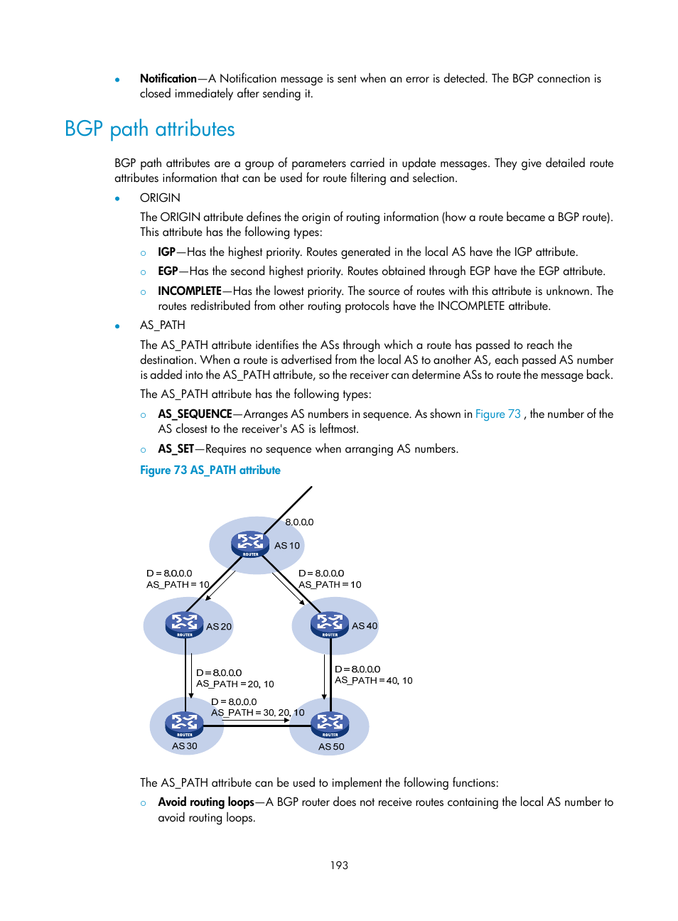 Bgp path attributes | H3C Technologies H3C S12500 Series Switches User Manual | Page 209 / 443