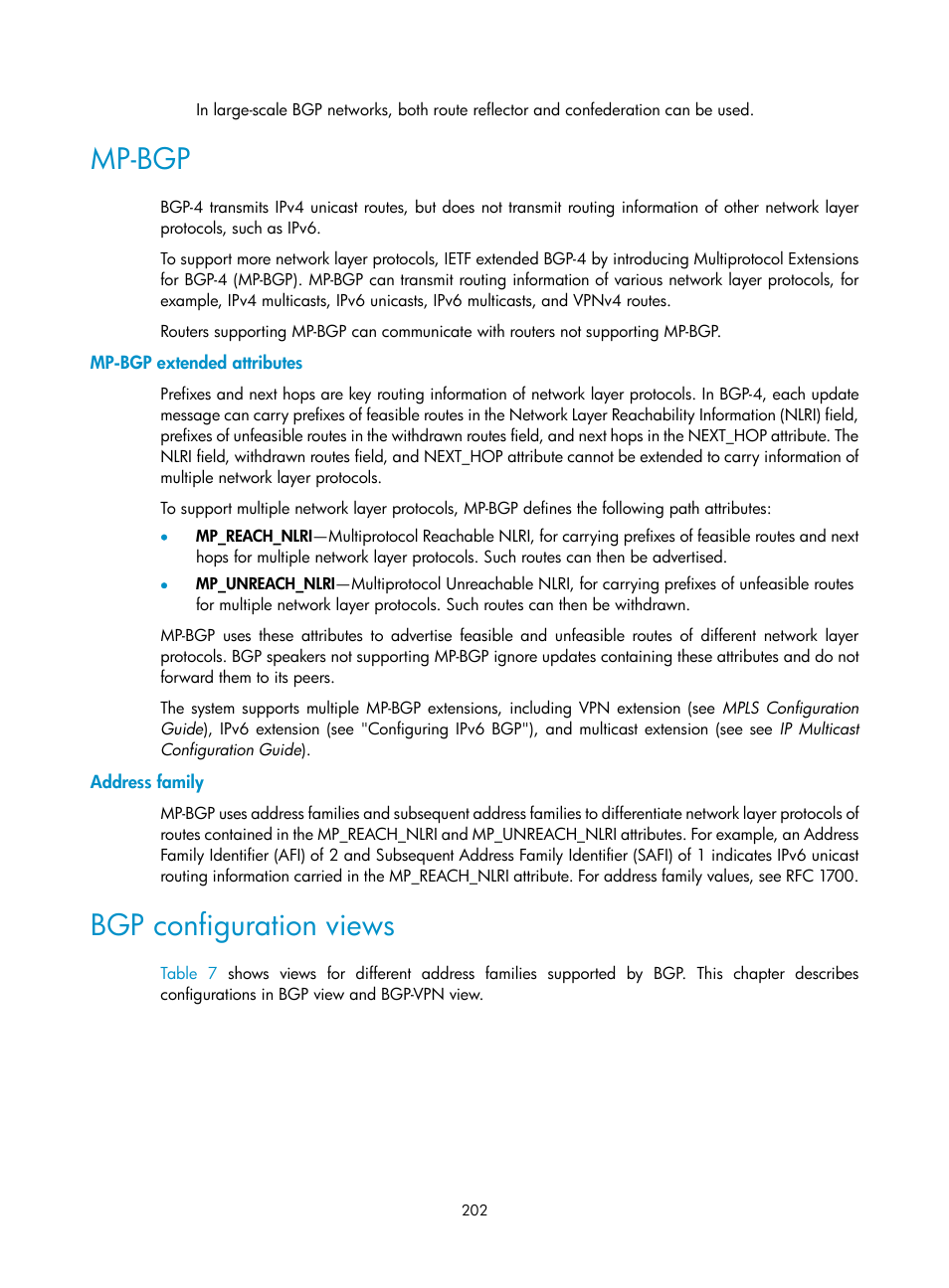 Mp-bgp, Mp-bgp extended attributes, Address family | Bgp configuration views | H3C Technologies H3C S12500 Series Switches User Manual | Page 218 / 443