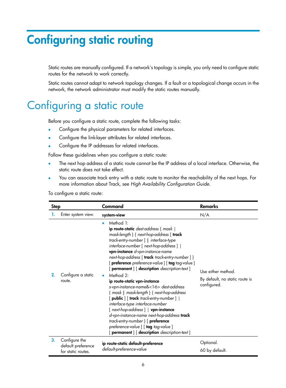 Configuring static routing, Configuring a static route | H3C Technologies H3C S12500 Series Switches User Manual | Page 22 / 443