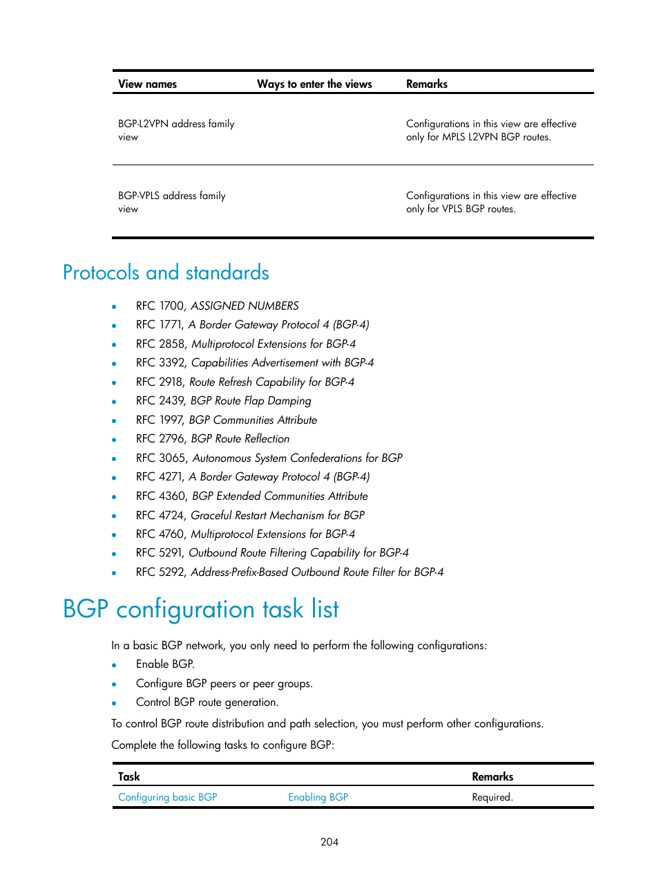 Protocols and standards, Bgp configuration task list | H3C Technologies H3C S12500 Series Switches User Manual | Page 220 / 443