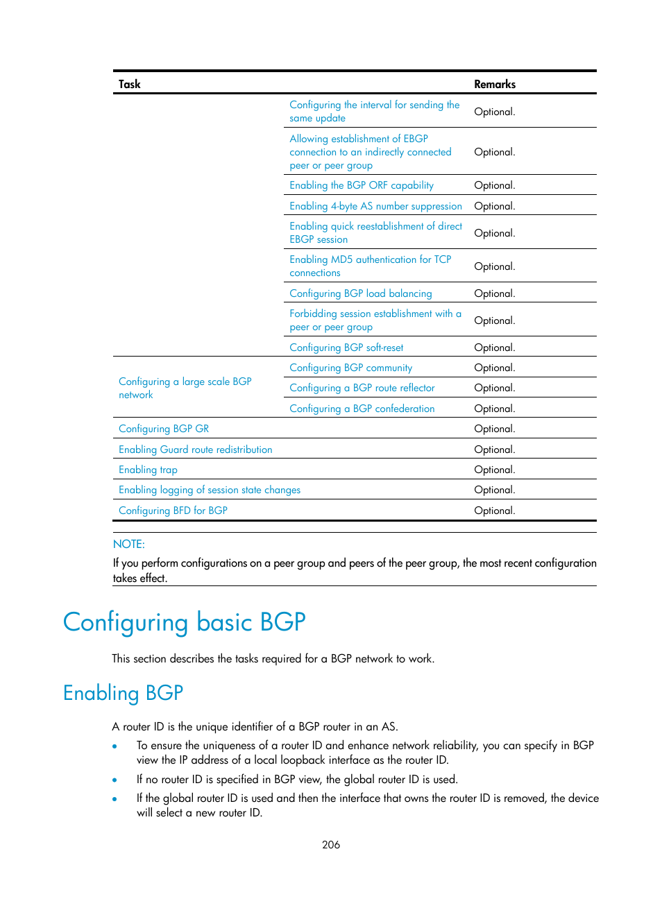 Configuring basic bgp, Enabling bgp | H3C Technologies H3C S12500 Series Switches User Manual | Page 222 / 443