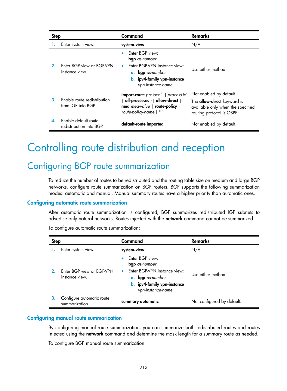 Controlling route distribution and reception, Configuring bgp route summarization, Configuring automatic route summarization | Configuring manual route summarization | H3C Technologies H3C S12500 Series Switches User Manual | Page 229 / 443