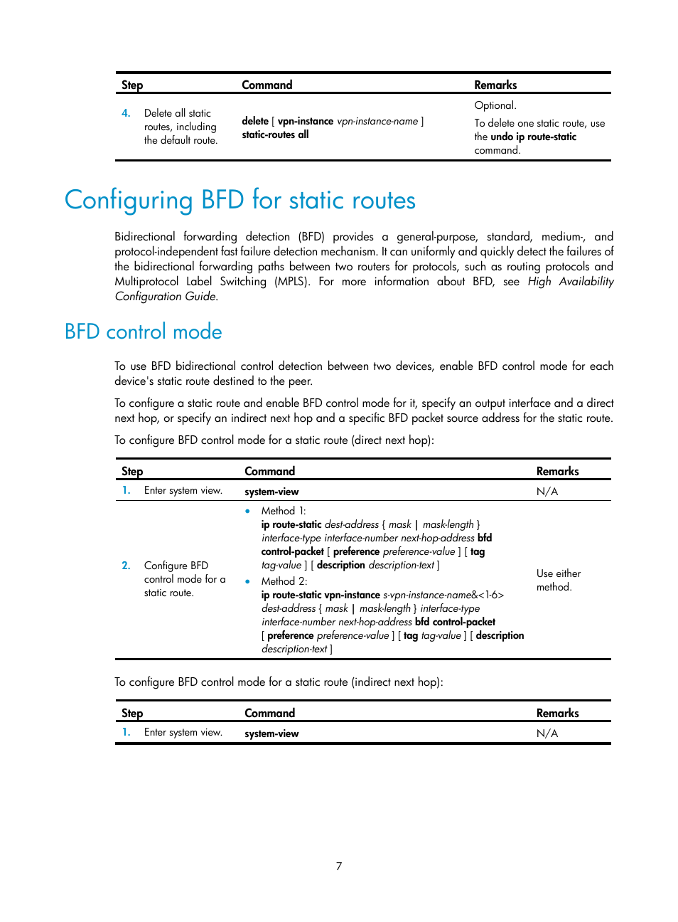Configuring bfd for static routes, Bfd control mode | H3C Technologies H3C S12500 Series Switches User Manual | Page 23 / 443