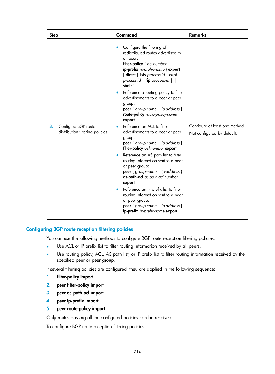 Configuring bgp route reception filtering policies | H3C Technologies H3C S12500 Series Switches User Manual | Page 232 / 443