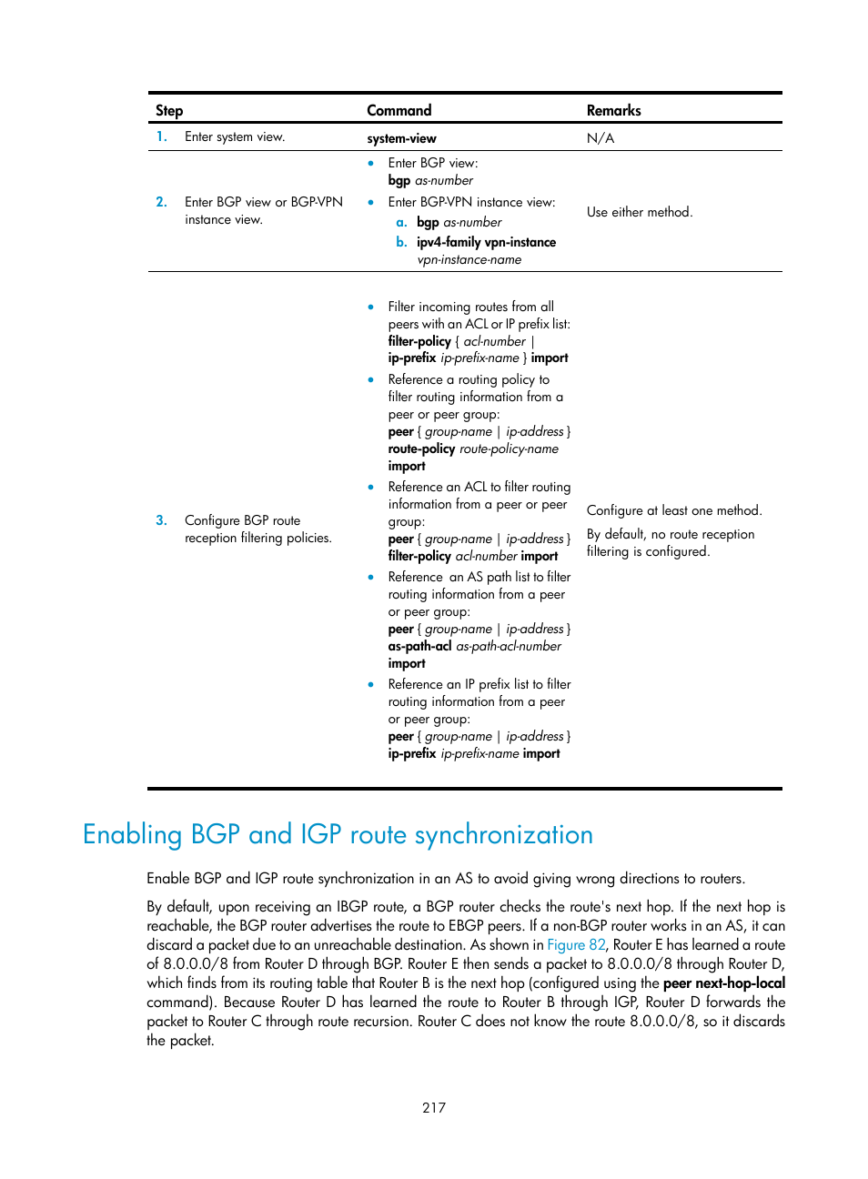 Enabling bgp and igp route synchronization | H3C Technologies H3C S12500 Series Switches User Manual | Page 233 / 443