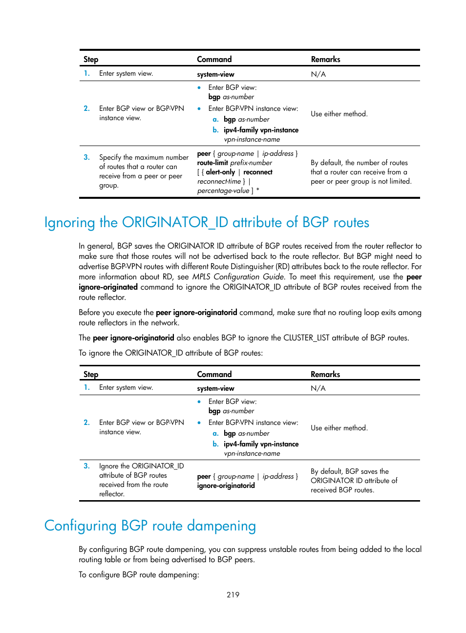 Ignoring the originator_id attribute of bgp routes, Configuring bgp route dampening | H3C Technologies H3C S12500 Series Switches User Manual | Page 235 / 443