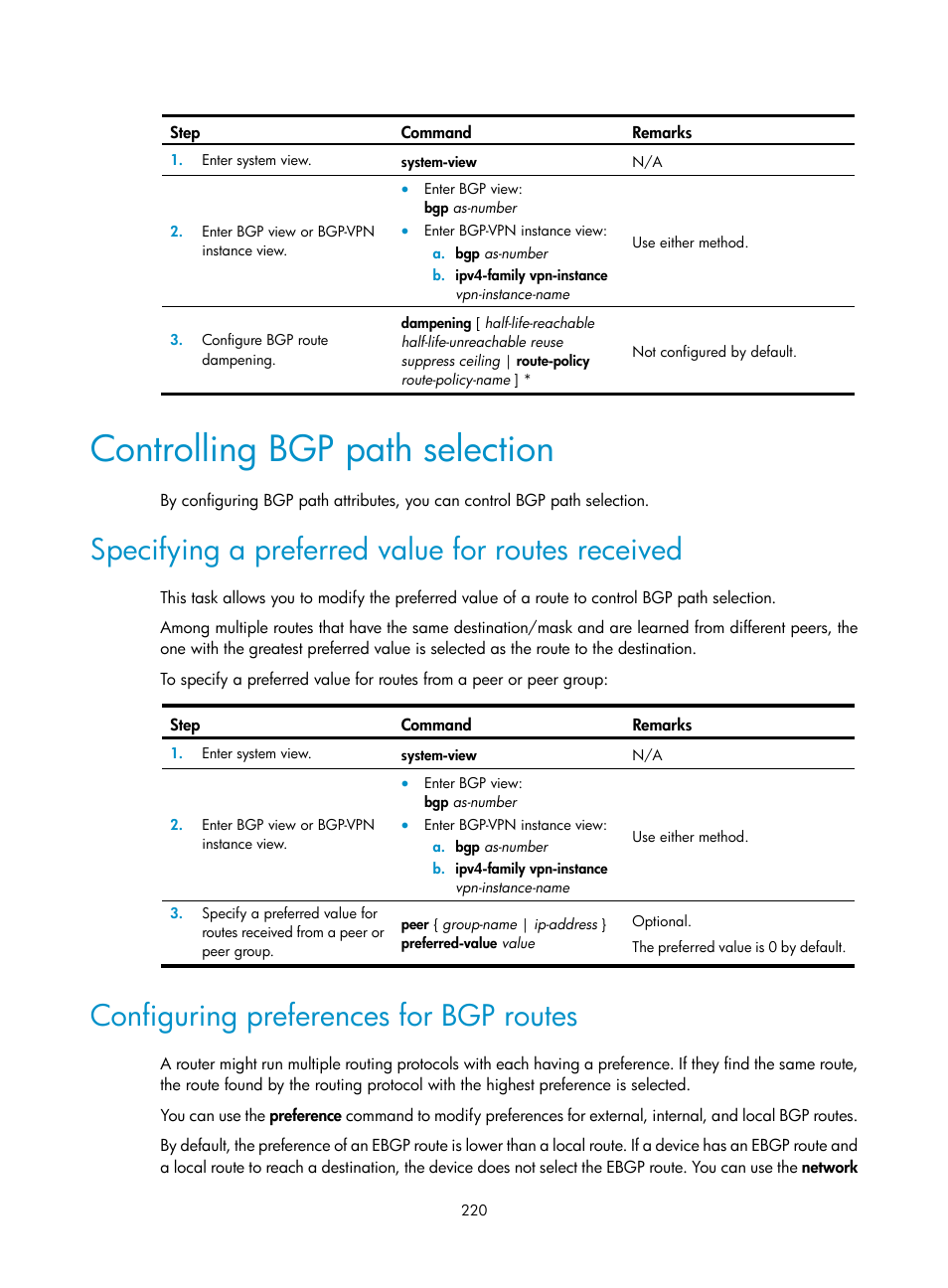 Controlling bgp path selection, Specifying a preferred value for routes received, Configuring preferences for bgp routes | H3C Technologies H3C S12500 Series Switches User Manual | Page 236 / 443