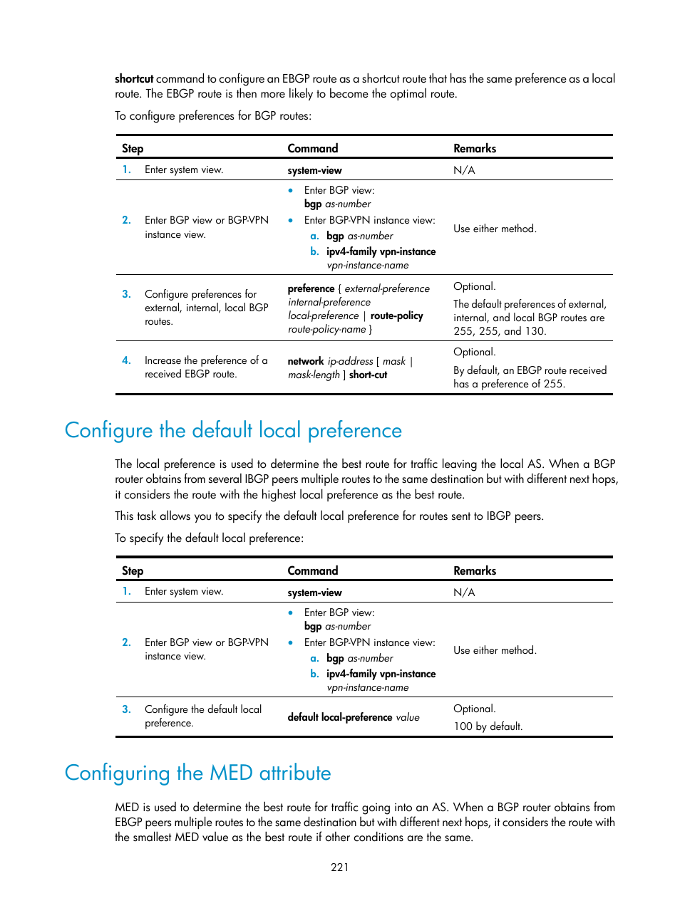 Configure the default local preference, Configuring the med attribute | H3C Technologies H3C S12500 Series Switches User Manual | Page 237 / 443