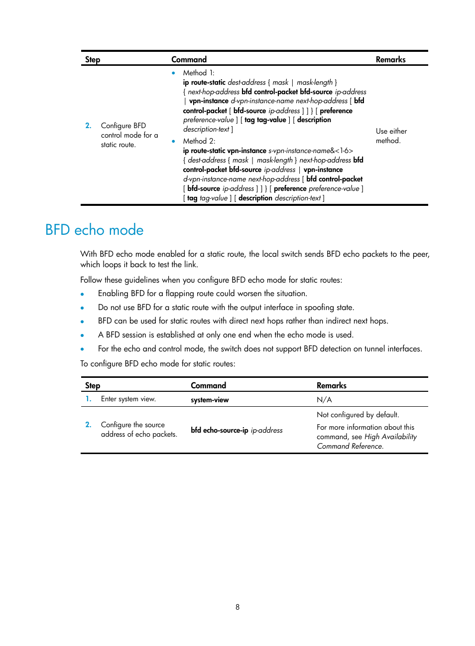 Bfd echo mode | H3C Technologies H3C S12500 Series Switches User Manual | Page 24 / 443