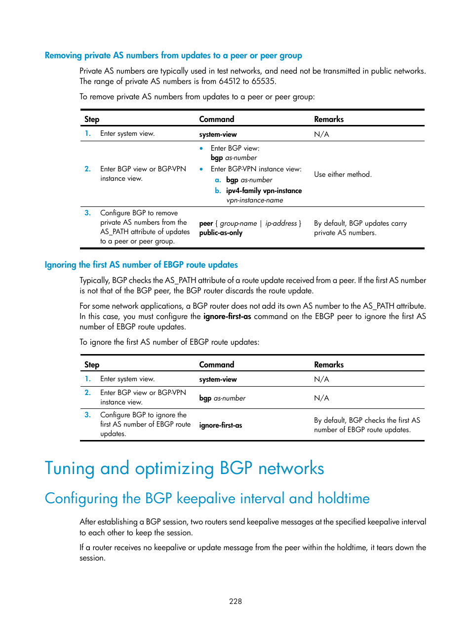 Ignoring the first as number of ebgp route updates, Tuning and optimizing bgp networks | H3C Technologies H3C S12500 Series Switches User Manual | Page 244 / 443