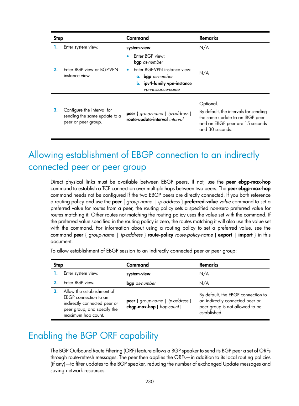 Enabling the bgp orf capability, Peer or peer group | H3C Technologies H3C S12500 Series Switches User Manual | Page 246 / 443