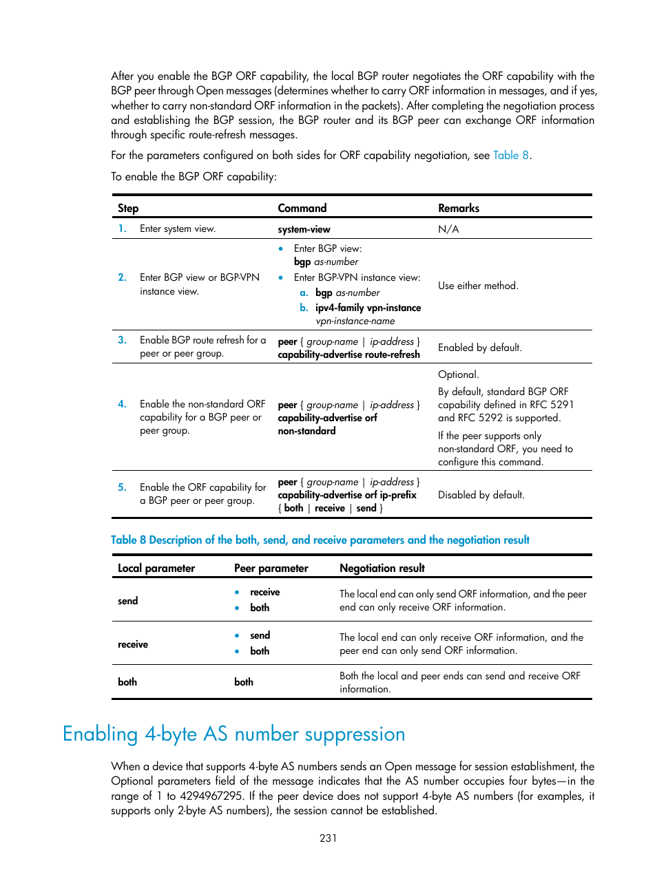Enabling 4-byte as number suppression | H3C Technologies H3C S12500 Series Switches User Manual | Page 247 / 443