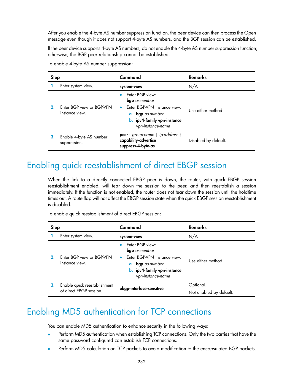 Enabling md5 authentication for tcp connections | H3C Technologies H3C S12500 Series Switches User Manual | Page 248 / 443