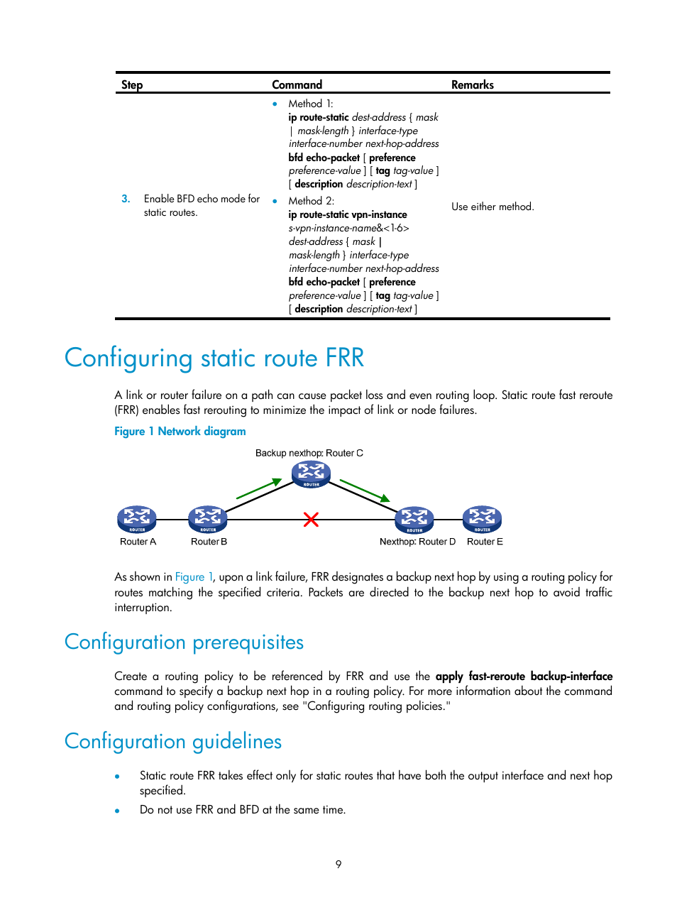 Configuring static route frr, Configuration prerequisites, Configuration guidelines | H3C Technologies H3C S12500 Series Switches User Manual | Page 25 / 443