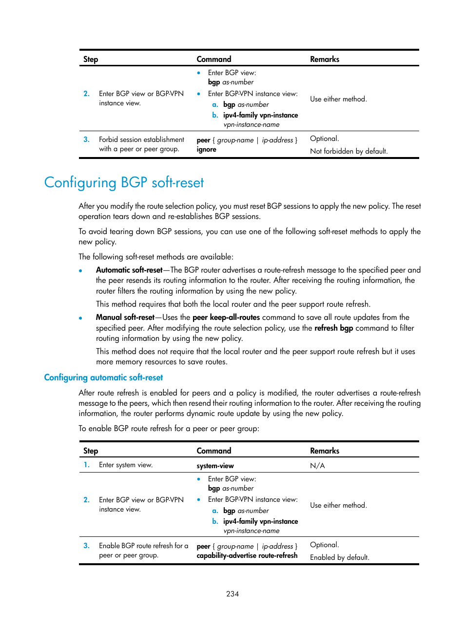 Configuring bgp soft-reset, Configuring automatic soft-reset | H3C Technologies H3C S12500 Series Switches User Manual | Page 250 / 443