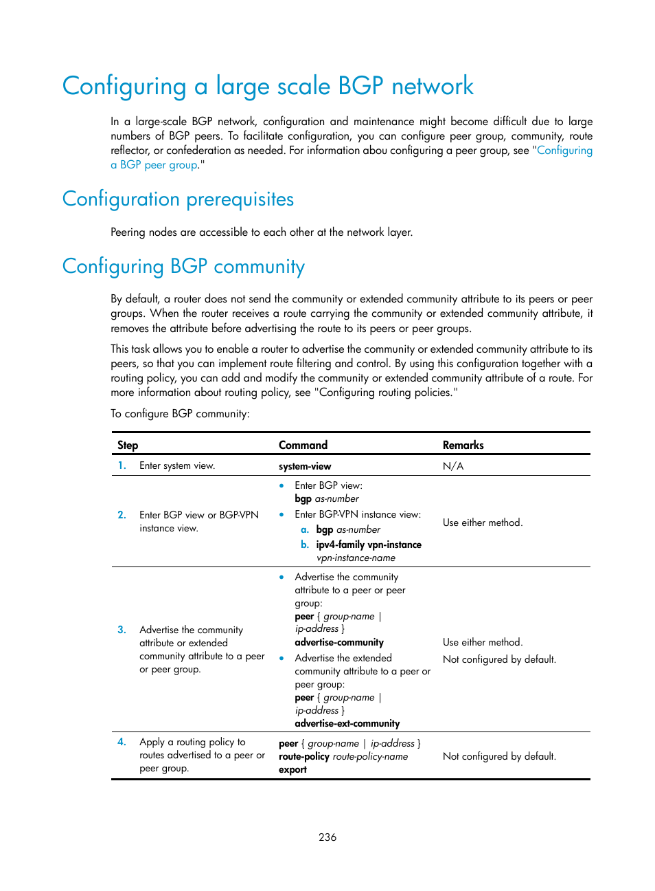 Configuring a large scale bgp network, Configuration prerequisites, Configuring bgp community | H3C Technologies H3C S12500 Series Switches User Manual | Page 252 / 443