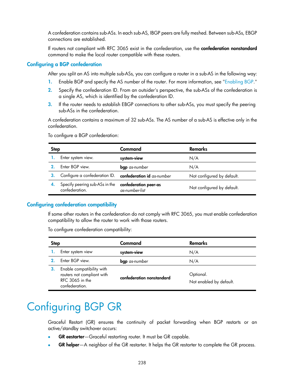 Configuring a bgp confederation, Configuring confederation compatibility, Configuring bgp gr | H3C Technologies H3C S12500 Series Switches User Manual | Page 254 / 443
