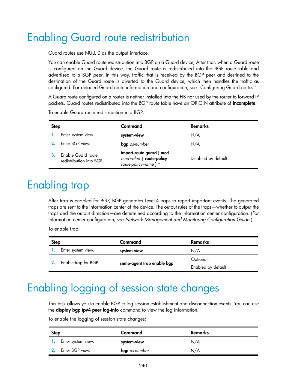 Enabling guard route redistribution, Enabling trap, Enabling logging of session state changes | H3C Technologies H3C S12500 Series Switches User Manual | Page 256 / 443
