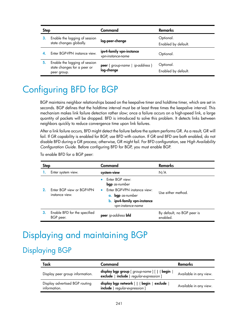 Configuring bfd for bgp, Displaying and maintaining bgp, Displaying bgp | H3C Technologies H3C S12500 Series Switches User Manual | Page 257 / 443