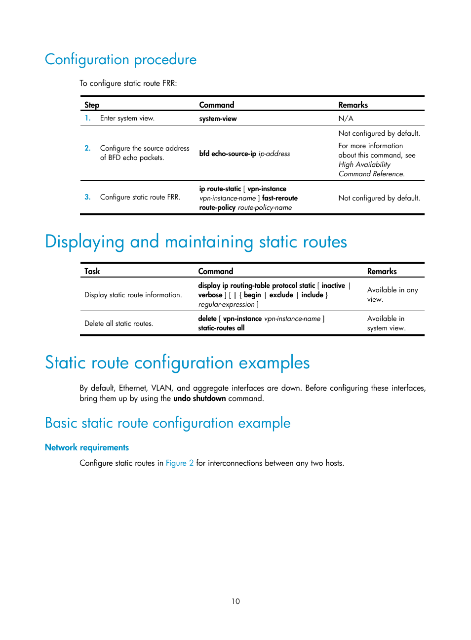 Configuration procedure, Displaying and maintaining static routes, Static route configuration examples | Basic static route configuration example, Network requirements | H3C Technologies H3C S12500 Series Switches User Manual | Page 26 / 443