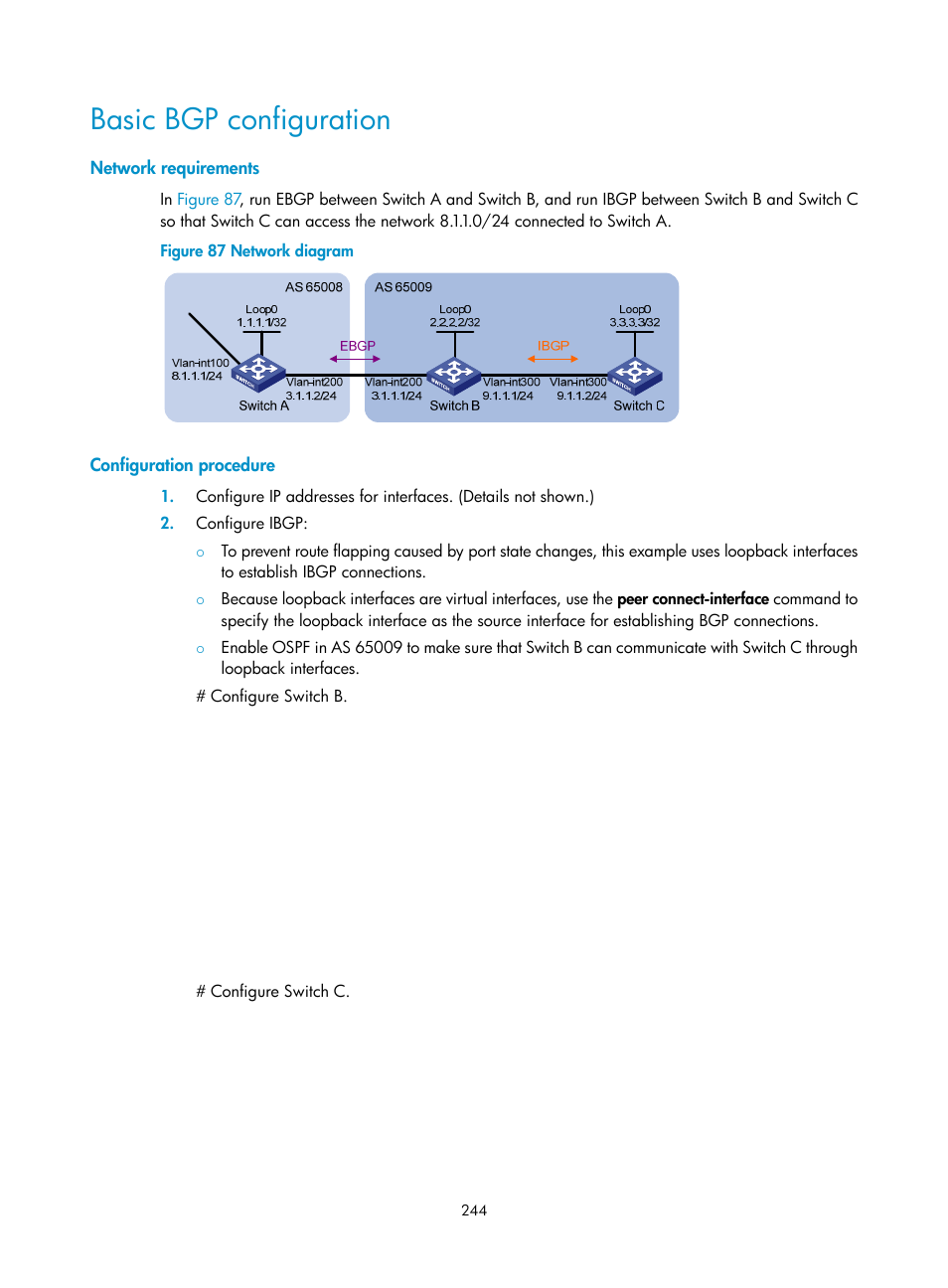 Basic bgp configuration, Network requirements, Configuration procedure | H3C Technologies H3C S12500 Series Switches User Manual | Page 260 / 443