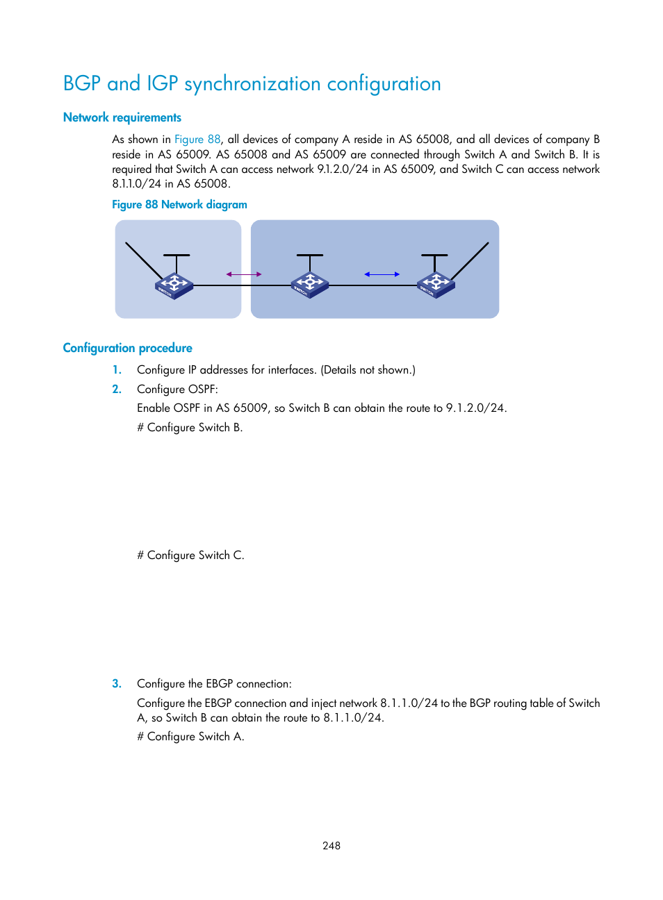 Bgp and igp synchronization configuration, Network requirements, Configuration procedure | H3C Technologies H3C S12500 Series Switches User Manual | Page 264 / 443