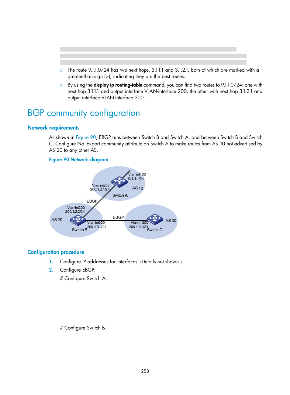 Bgp community configuration, Network requirements, Configuration procedure | H3C Technologies H3C S12500 Series Switches User Manual | Page 269 / 443