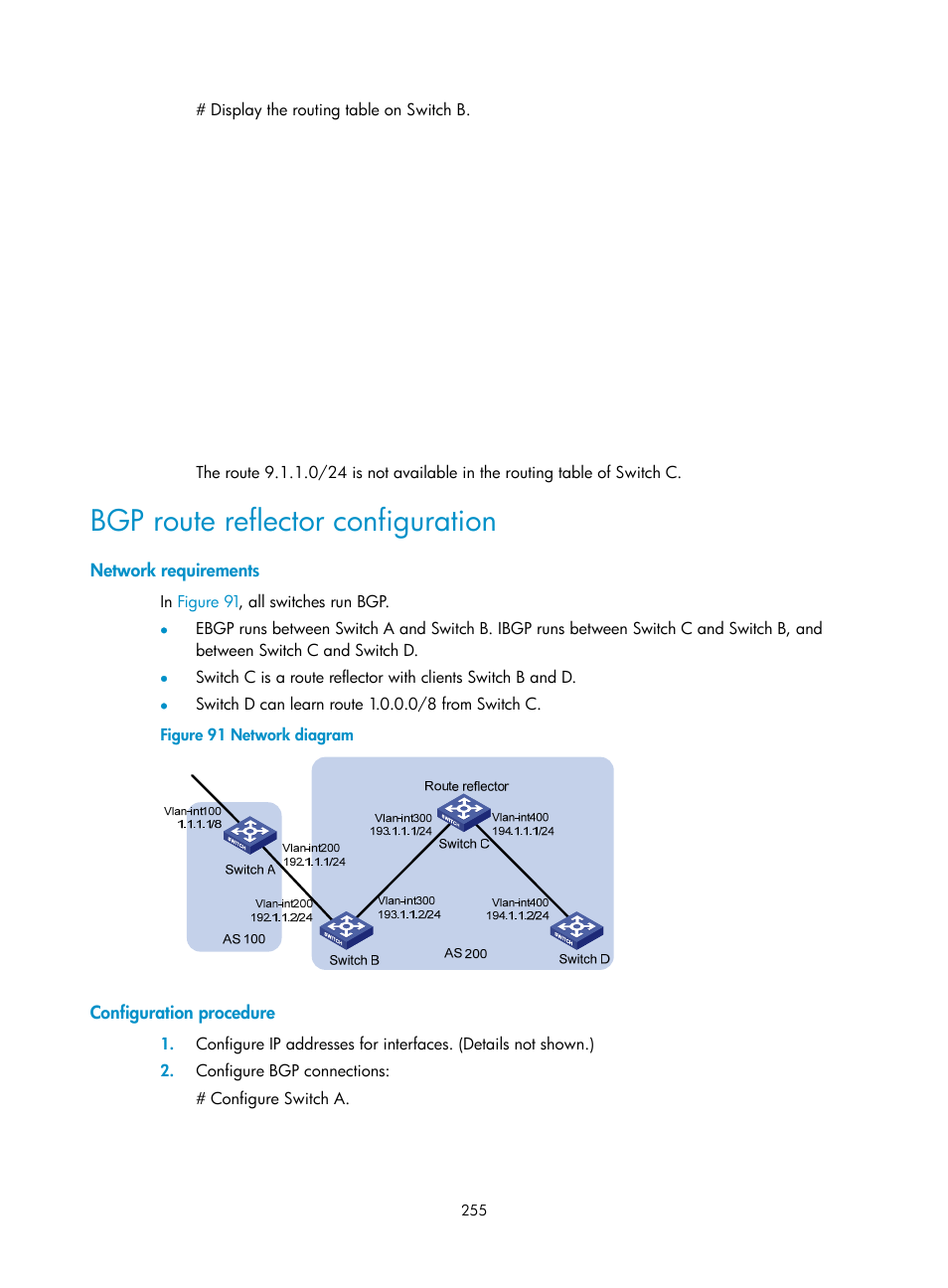 Bgp route reflector configuration, Network requirements, Configuration procedure | H3C Technologies H3C S12500 Series Switches User Manual | Page 271 / 443