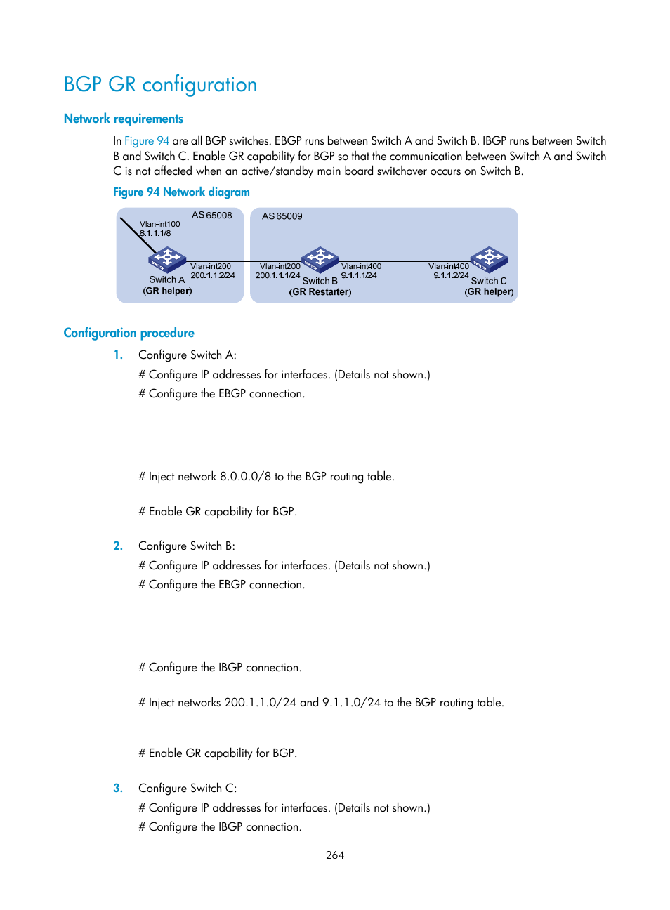 Bgp gr configuration, Network requirements, Configuration procedure | H3C Technologies H3C S12500 Series Switches User Manual | Page 280 / 443