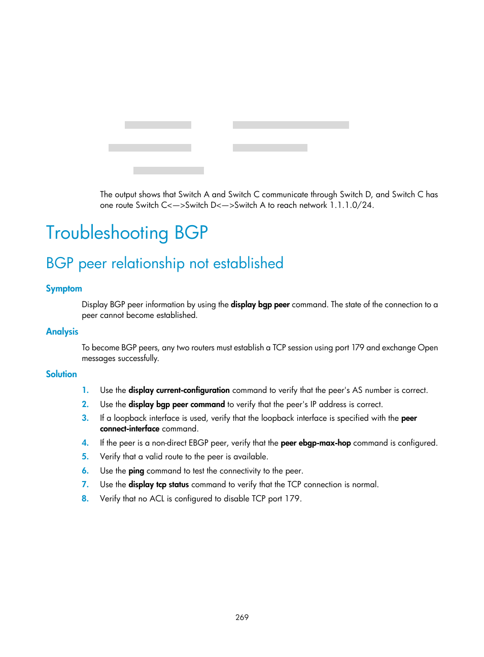 Troubleshooting bgp, Bgp peer relationship not established, Symptom | Analysis, Solution | H3C Technologies H3C S12500 Series Switches User Manual | Page 285 / 443