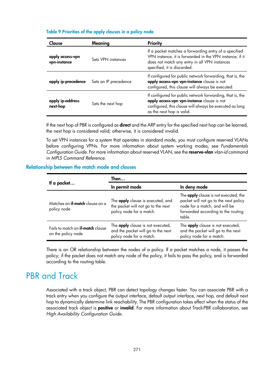 Relationship between the match mode and clauses, Pbr and track | H3C Technologies H3C S12500 Series Switches User Manual | Page 287 / 443