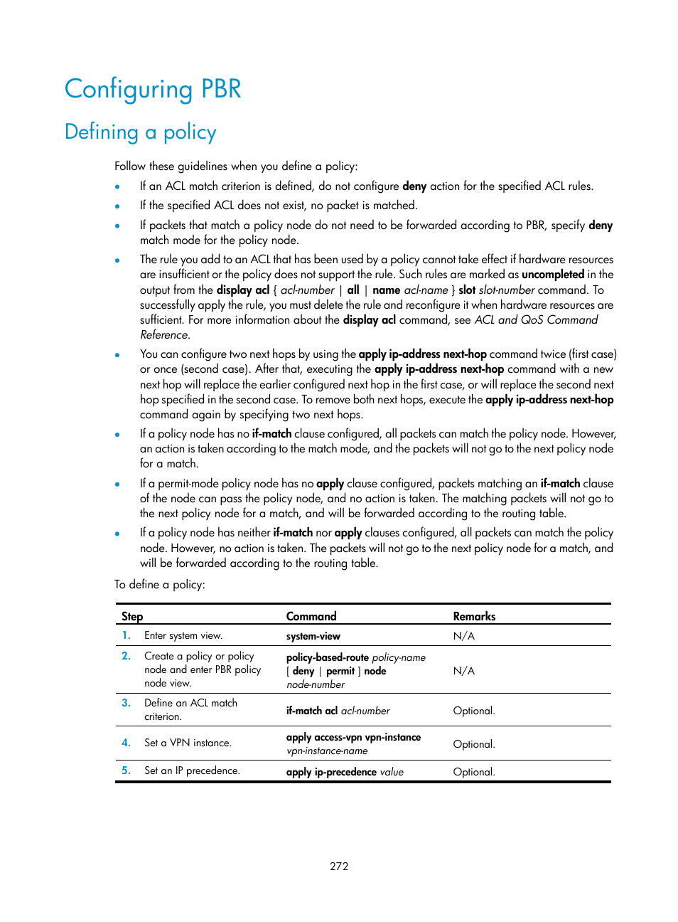 Configuring pbr, Defining a policy | H3C Technologies H3C S12500 Series Switches User Manual | Page 288 / 443