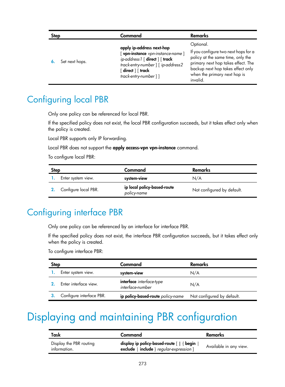 Configuring local pbr, Configuring interface pbr, Displaying and maintaining pbr configuration | H3C Technologies H3C S12500 Series Switches User Manual | Page 289 / 443